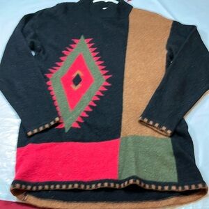 SUMMIT HILL Black Lambswool angora Sweater AZTEC WESTERN black tan red olive ART
